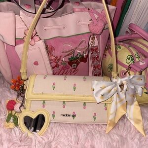 Madden Girl Cream Shoulder Bag with Pink Tulip Embroidery & Yellow Trim